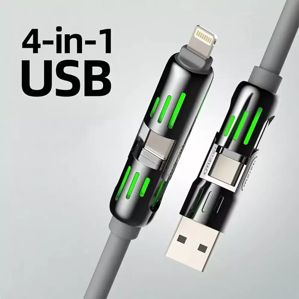 USB 4-in-1 Schnelllade-Kabel 30W | USB-C zu USB anti-verwickelndes Silikon RGB-LED Multi-Geräte-Kompatibilität und langlebig (2 m) - Grau